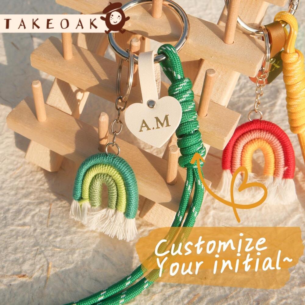 Monogram Keychain Leather - Персонализированный кожаный брелок-сердце с инициалами, макраме,